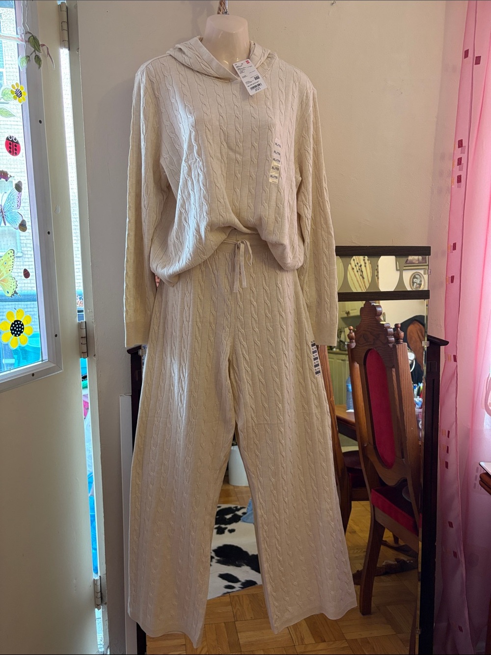 Uniqlo Cream Cable-Knit Hooded Wide-Leg Set